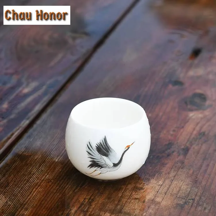 120ml Dehua White Porcelain Teacup Creative Flay Crane Art Master Cup Large Puer Tea Bowl Coffee Mug Kung Fu Tea Drinkware Gift