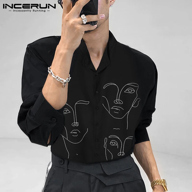 Stylish Simple Style New Men Blouse Casual Party Shows Male Loose Fashionable Face Printing Streetwear Shirts INCERUN Tops 2023