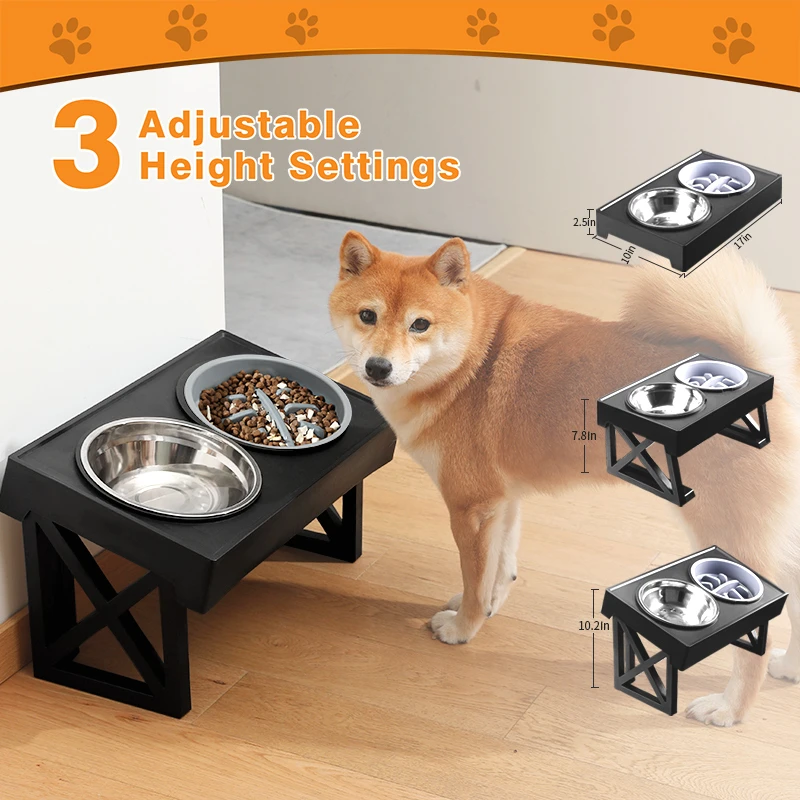 Elevated Dog Bowls 3 Adjustable Heights Raised Dog Food Water Bowl with Slow Feeder Bowl