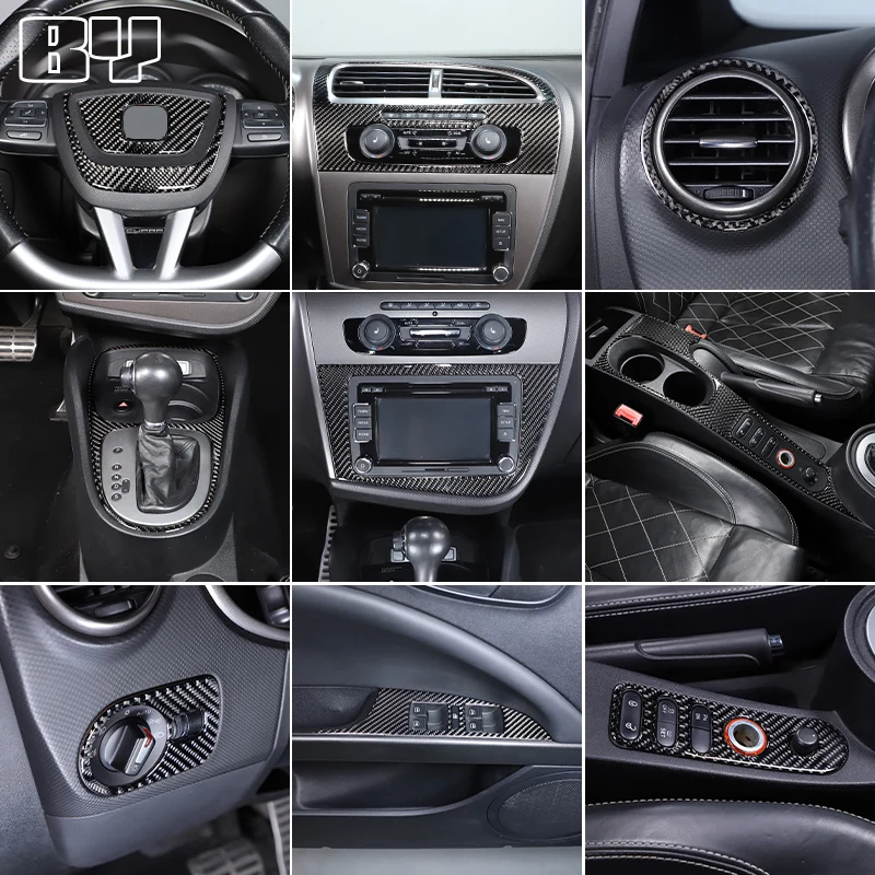 Car Stickers For Seat Leon 2008-2012 Center Console Gear Shift Panel Decor Steering Wheels Sticker Carbon Fiber Trim Car Accessories