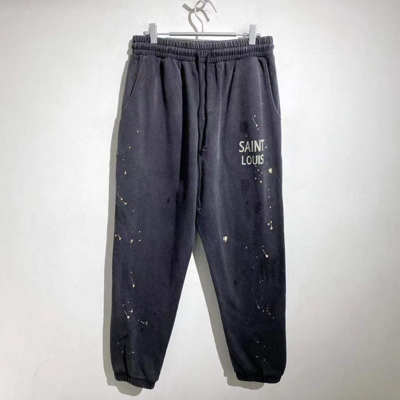 

Saint Louis Vintage Sweatpants Men Women 1:1 Best Quality Handmade Ink Splashing Graffiti Jogger Drawstring Loose Casual Pants