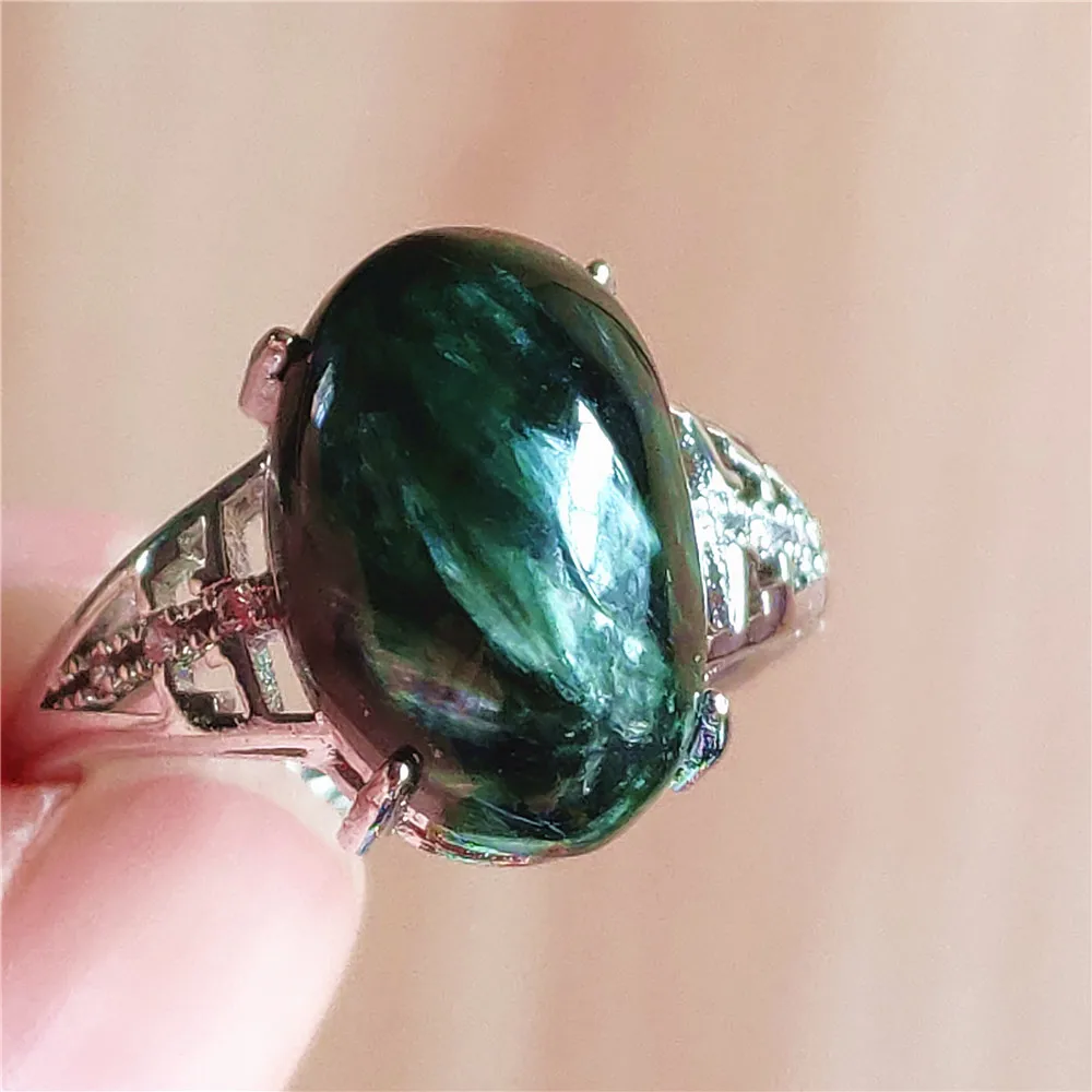 silver rings Natural Green Seraphinite Adjustable Size Ring Women Men Seraphinite Ring Clinochlore Oval Gemstone 925 Sterling Silver AAAAAA gucci ring