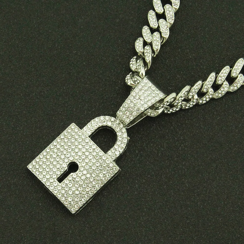 

Iced Out Cuban Chains Bling Diamond Key Lock Rhinestone Pendants Man Necklaces Gold Hip Hop Charm Jewelry for Men