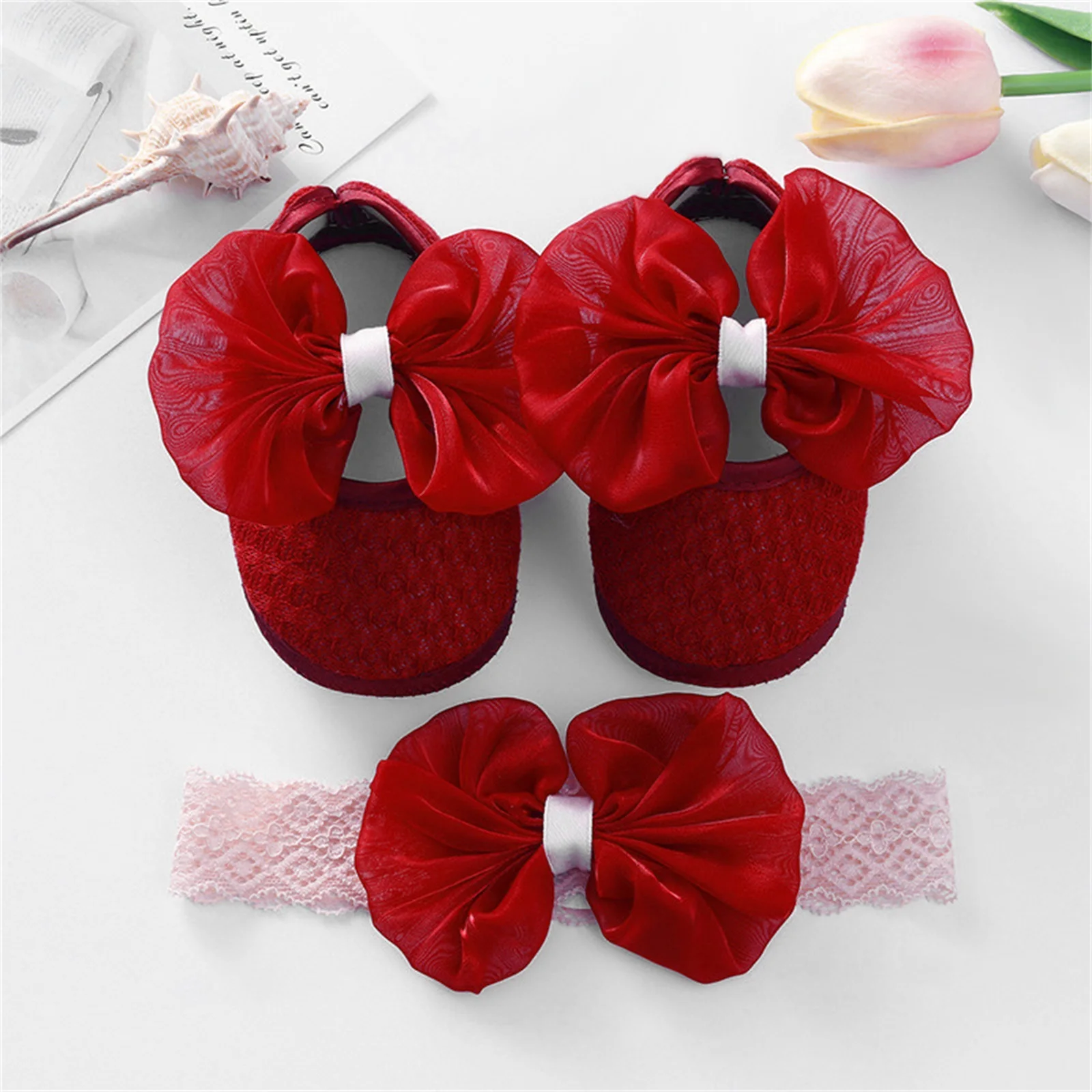 Pudcoco Infant Girl Flat Shoes for Spring Autumn, Bowknot Soft Sole Anti Slip Crib Shoes + Lace Headband 4