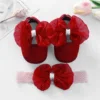 Pudcoco Infant Girl Flat Shoes for Spring Autumn, Bowknot Soft Sole Anti Slip Crib Shoes + Lace Headband 4