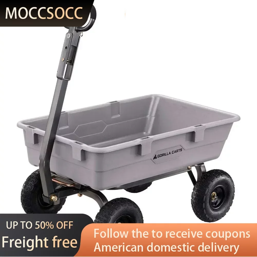 

800 Pound Capacity Heavy Duty Poly Yard Garden Steel Dump Utility Wheelbarrow Wagon Cart With 2 in 1 Towing ATV Handle Gray Hand