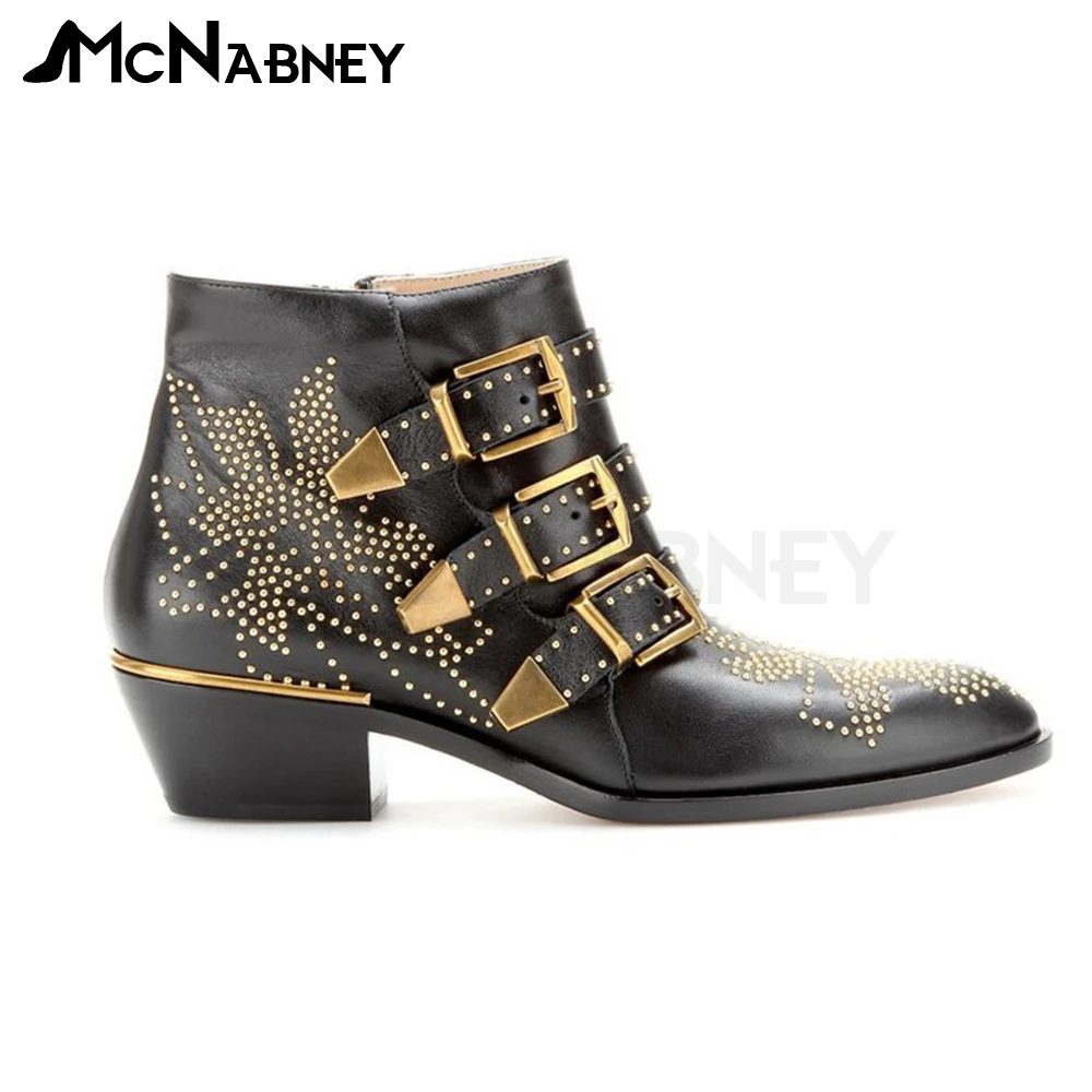 thumbnail image 1 of Botas de tobillo con tachuelas Botas de cuña con punta puntiaguda retro Botas de estilo británico para mujer Botas de vaquero occidental Multicolor Venta de gran tamaño, 1 of 5