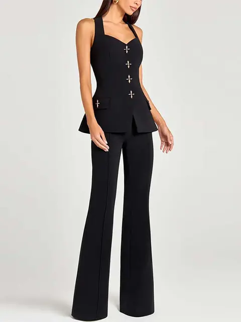 Karina Lapel Single Breasted Pockets Chic Pant Set 1