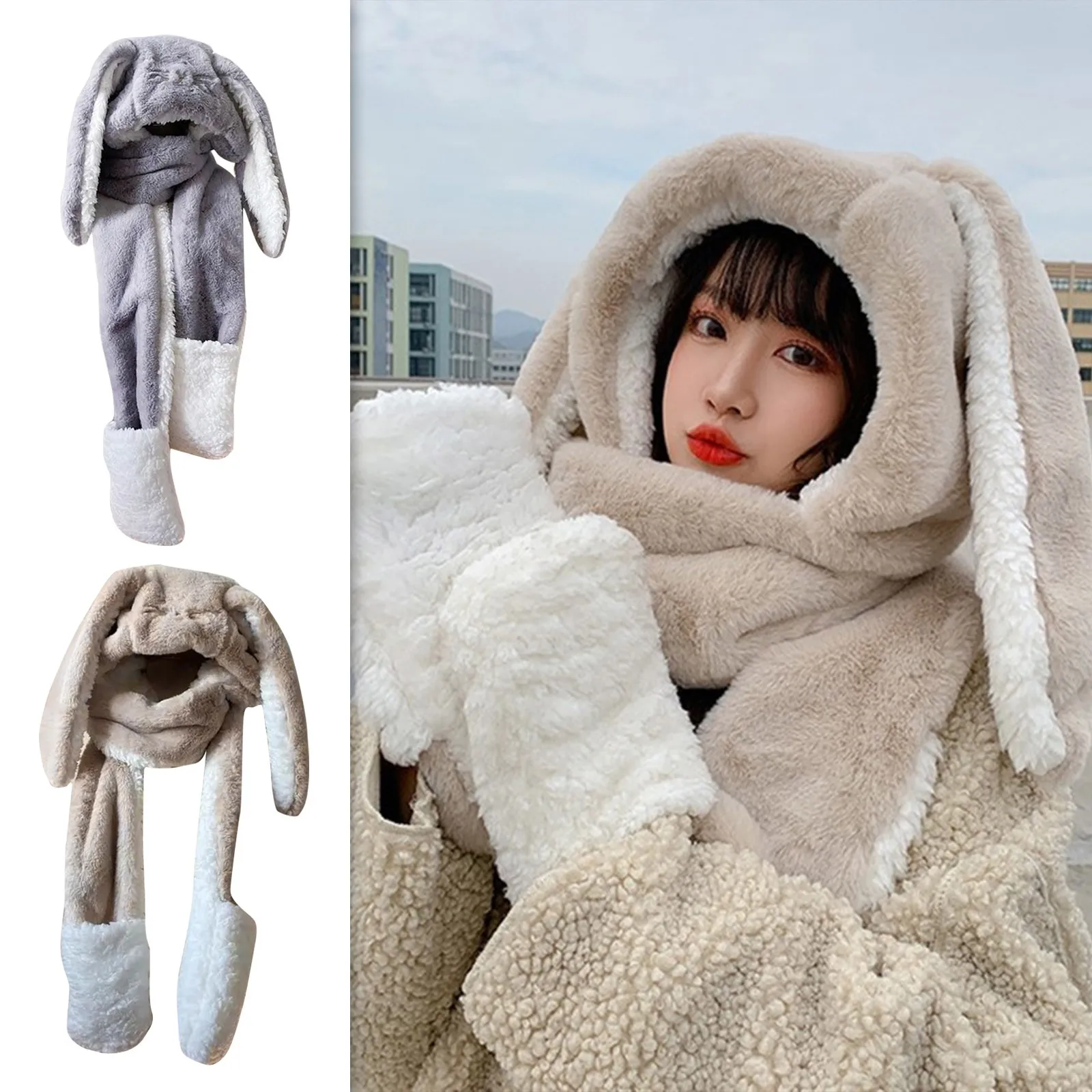 

Winter Hat Plush Warm Scarf Gloves All-in-one Three-piece Oversized Rabbit Ears Cold Protective Ear Cute Cartoon For Boys