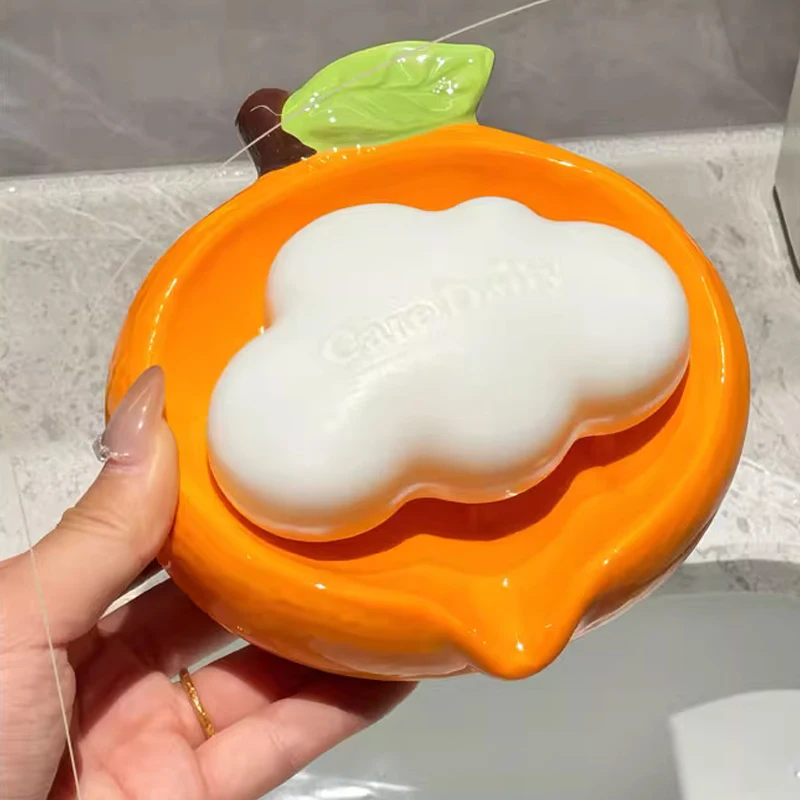 Ceramic Cute Cartoon Orange Shaped Soap Dishes Storage Rack, Home Bathroom Supplies Creative Light Luxury Drain No Punching, 1Pc