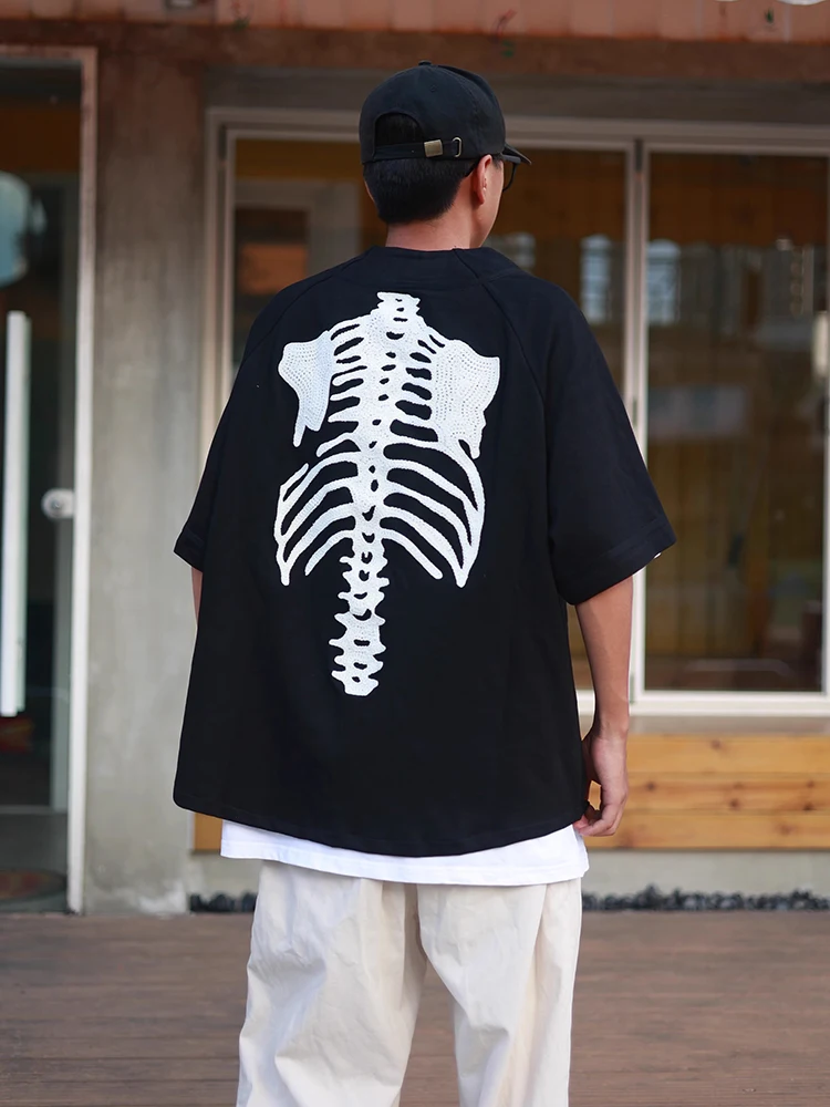 Bone Embroidery Letter Loose Baseball Short Sleeve Shirt Japan style  Kapital shirts Unisex casual shirts men's clothing