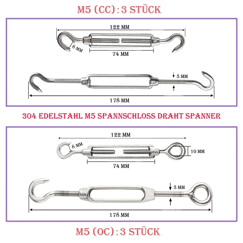 AB42-30 턴버클 M5 와이어 텐셔너 세트(턴버클 와이어 로프 클램프 포함) 조임용 골무 프레스 클램프