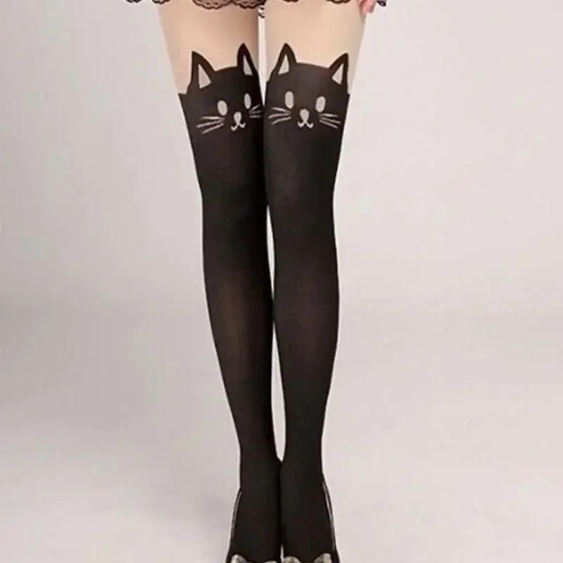 Cute Cat Long Socks Cartoon Animal Cat Pattern Thigh Stockings Over Knee High Socks Cat Print Womens Stockings Fashion Accessory