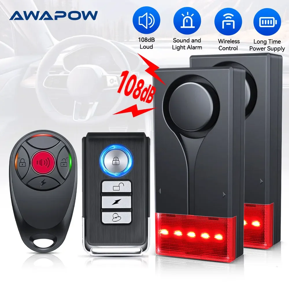 Awapow Wireless Car Anti-Theft Vibration Alarm 108dB with Light Remote Control Door & Window Home for security system,security alarm,wireless alarm