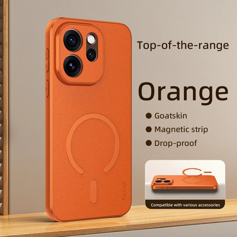 Premium Goat Leather Magnetic Ring Phone Case with Full-Body Protection