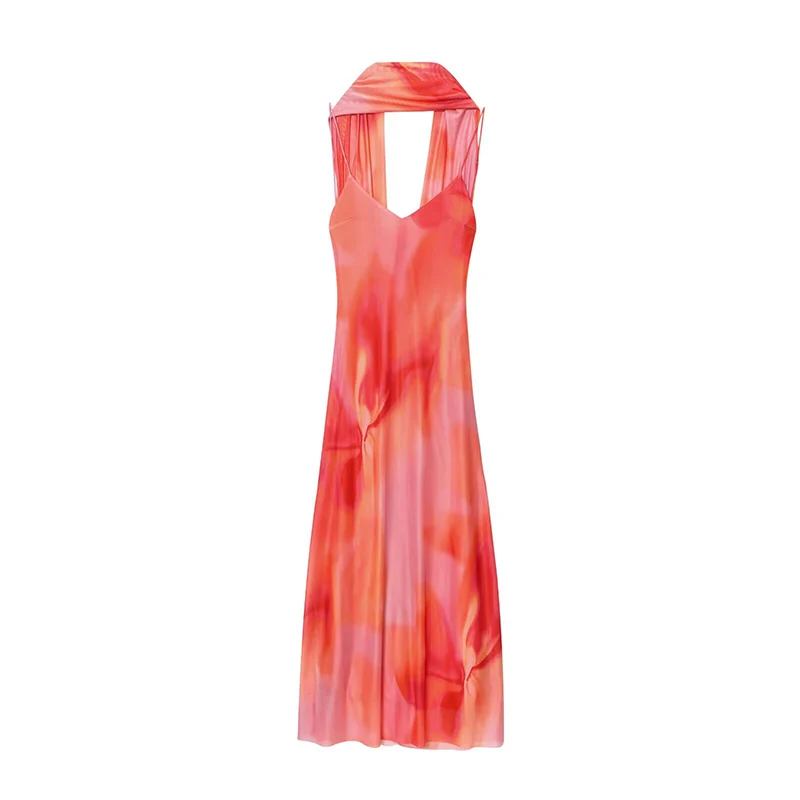 Elegant Tie-dye Gradient Print Sling Long Dress With Scarf Women Holiday Sleeveless Backless Evening Dress Summer 2025