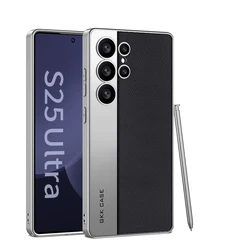 Luxury Metal Paint Edge Leather Case - Shockproof Matte Soft Slim Cover for Galaxy S25 Ultra (Black)