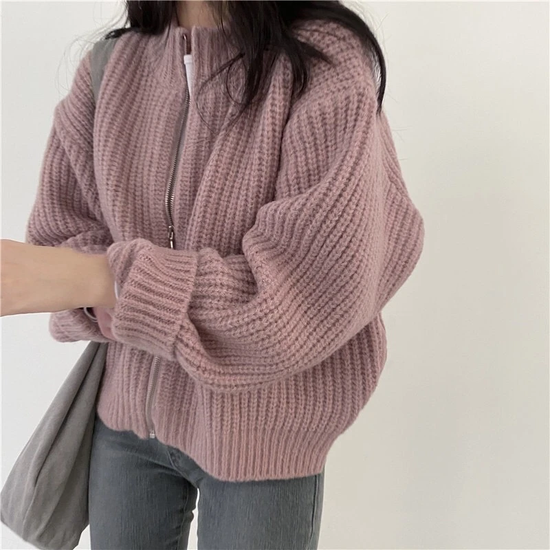 Fashion Autumn and Winter New Women's Solid Color Crew Neck Cardigan Knitted Sweater Loose Casual Zipper Top