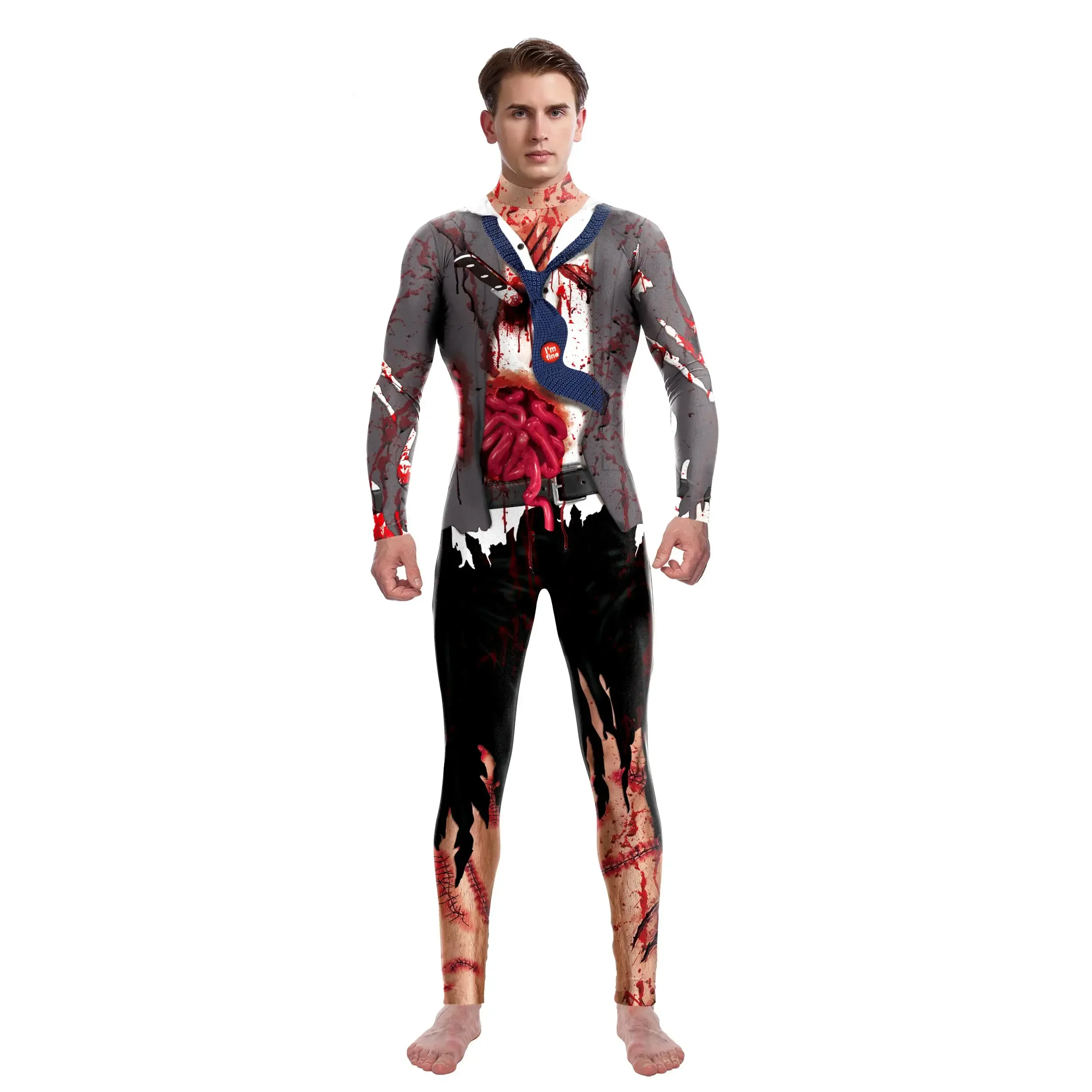 

2024 Halloween Cosplay Costume Adult Men Bodysuit Vampire Costume Tight Prinn Clothes Suit Zombie Jumpsuits Festival Dress
