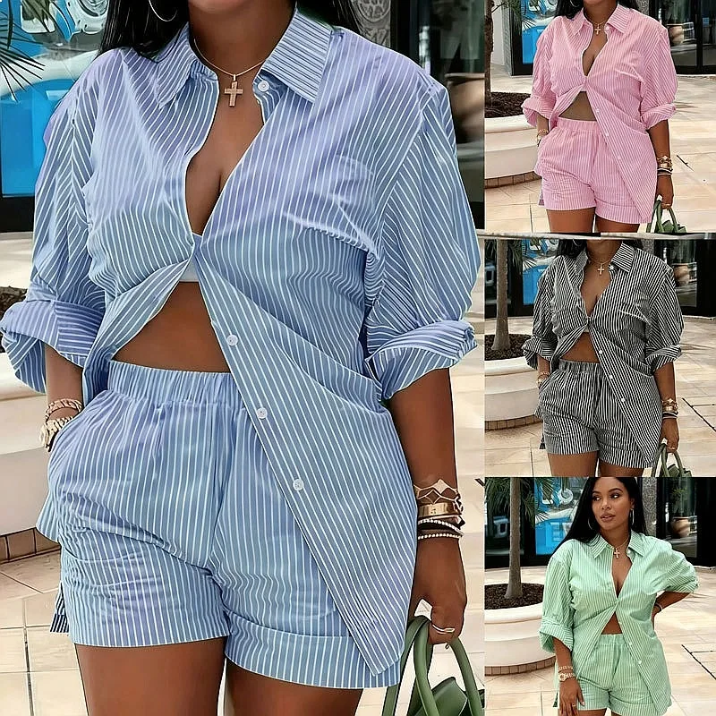 Fashion Stripe Shirt Matching Set Blouse Top Loose Plus Size Shorts Two Piece Outfit