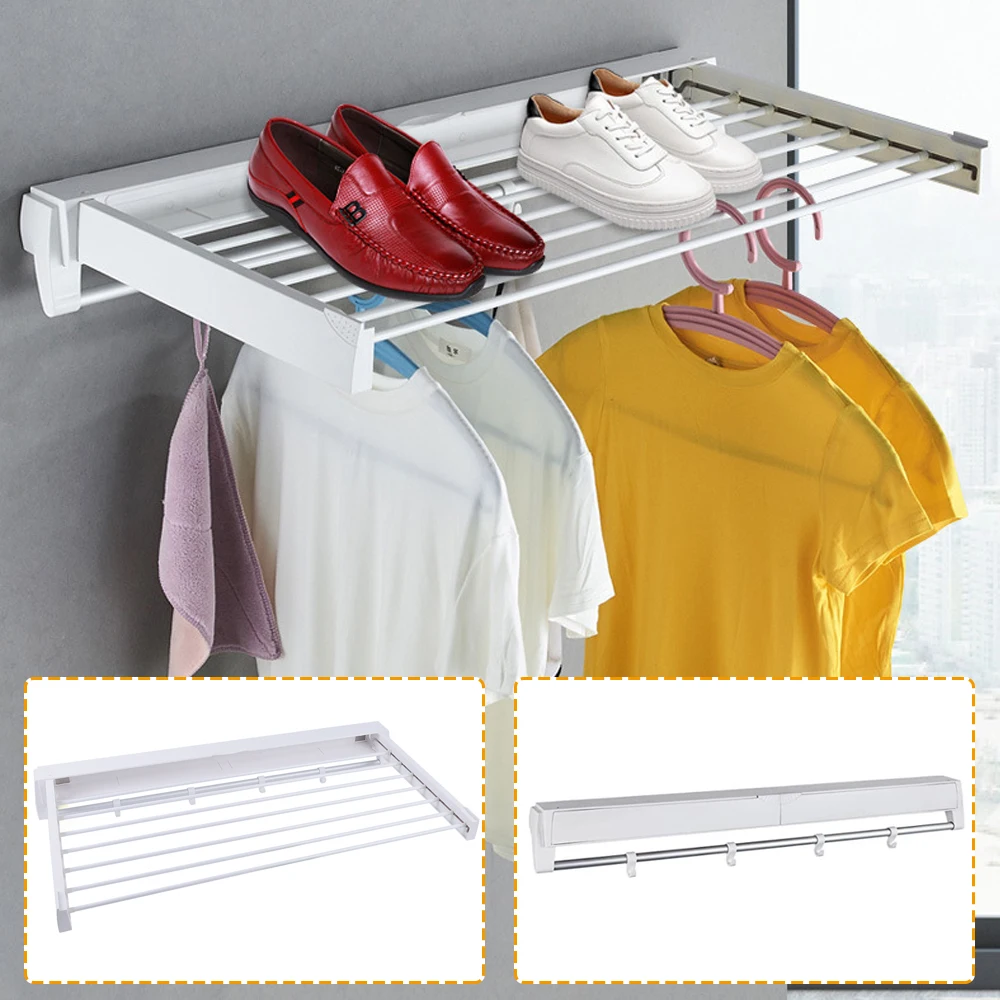 Clothes Laundry Drying Rack Collapsible Wall Mounted Hanger 7 Drying Rods for Use In Bedrooms Bathrooms Laundry Room Garages wall mounted clothes hanger rack retractable clothes drying rack folding indoor laundry drying rack space saver clothes rack collapsible trifold wi