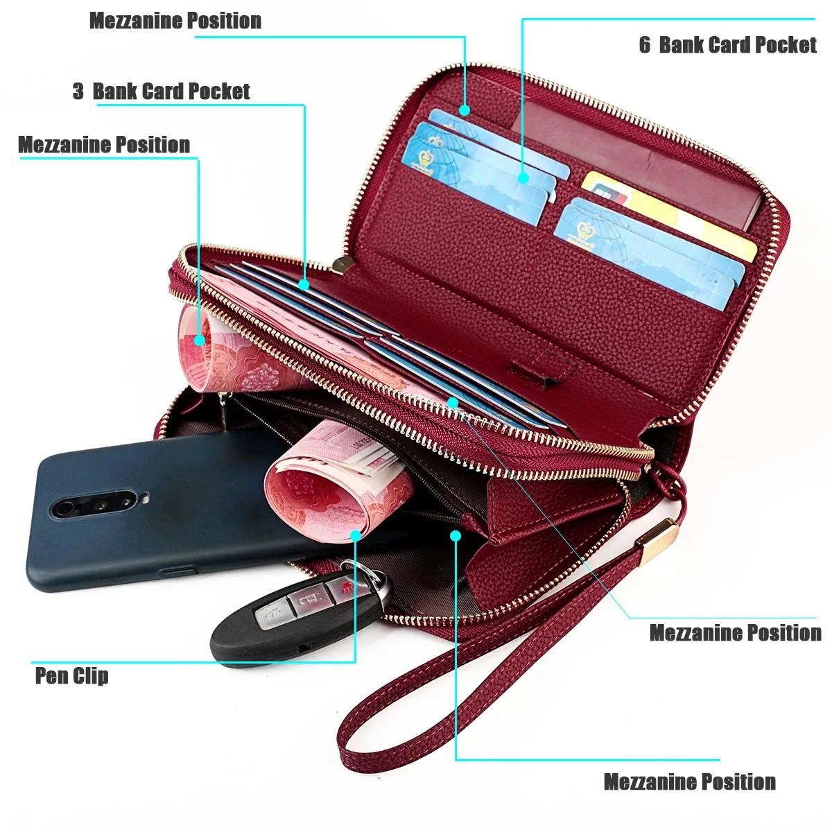 Women RFID Blocking Wallet Leather Two Zipper Around Multifunction Phone Case Clutch Large Capacity Ladies Travel Purse Wristlet