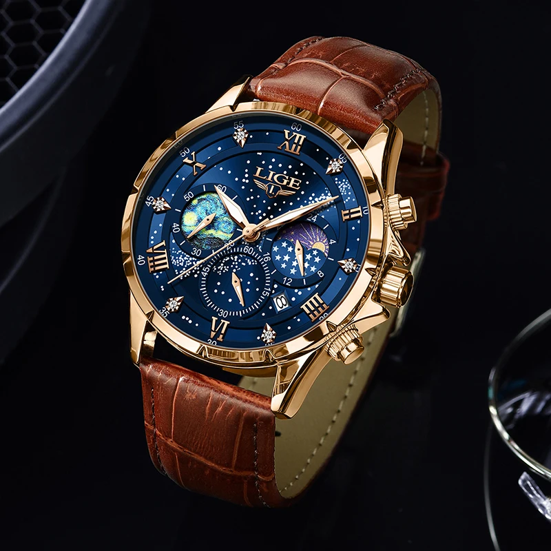 LIGE Quartz Watch For Men Top Brand Luxury Fashion Leather Watch Men Casual Sport Waterproof Chronograph Relogios Masculino+BOX