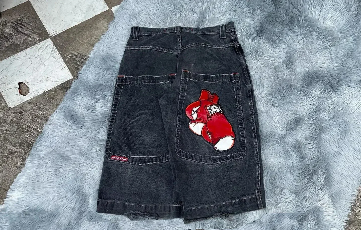 하라주쿠 힙합 JNCO 반바지, Y2K 복싱 장갑, 그래픽 자수 데님, 체육관 헐렁한 청바지, 남성용 농구 반바지, 스트리트웨어