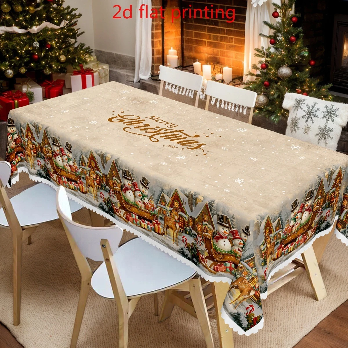 1pc Christmas Vintage Snowman Reindeer Sleigh Scene Tablecloth 2D Flat Printed Winter Holiday Dining Table Cover 4