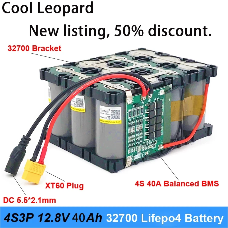 

32700 Lifepo4 Rechargeable Battery Pack 12.8V 40Ah 4S3P Same Port Charge And Discharge Balanced 40A BMS 12V Power Supply E-Boat