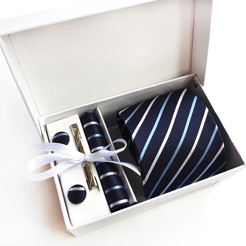 New 8CM Striped Men Ties Set Necktie Hankerchiefs Cufflinks Silk Jacquard Woven Red Navy Blue Black Tie Suit Wedding Party Gifts
