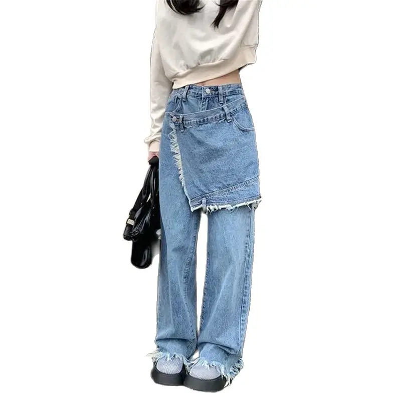 

Spring Summer 2024 New Fashion Jeans Women Loose Leisure Fake Two Pieces Join Together Wide-Leg Pants Pocket Blue 5XL Female