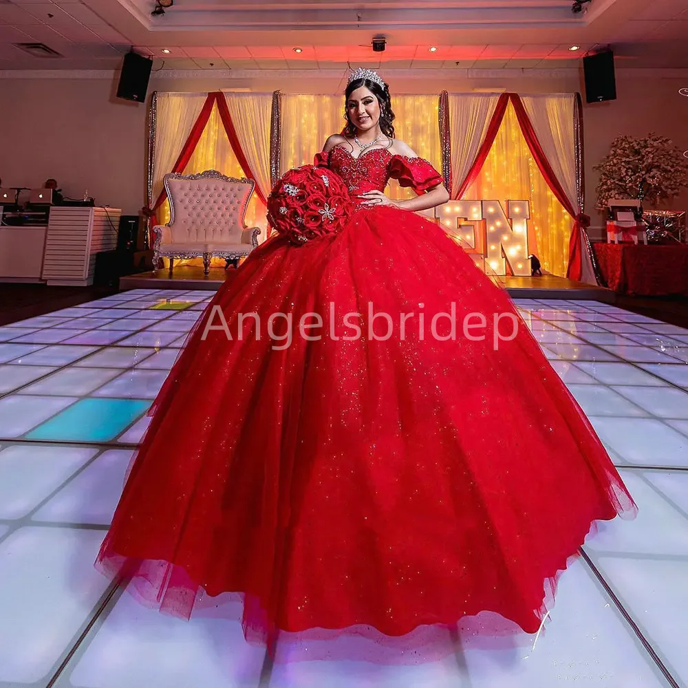 Angelsbride Red Blingling Tulle Quinceanera Dresses Handmade Beading Princess Sweet 16 Ball Gown Vestidos De 15 A&ntilde;os