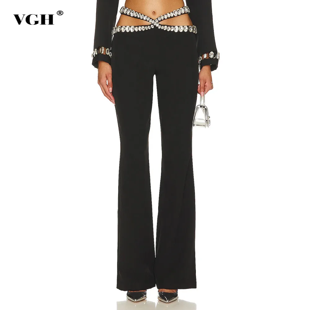 

VGH Solid Patchwork Diamonds Slimming Trousers For Women High Waist Hollow Out Temperament Flare Pants Female Fashion Clothes