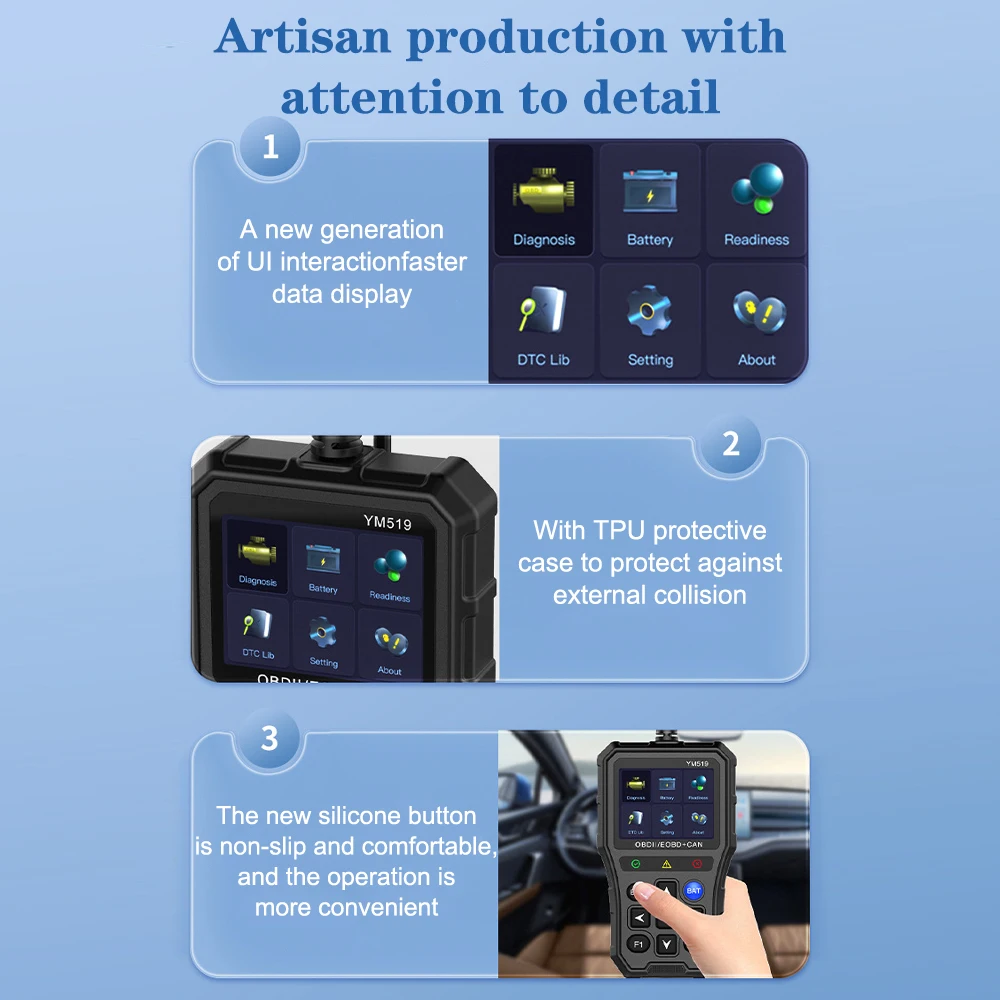 YM519 Check Engine System OBD2 Code Reader Multi-language Code Reader Battery Tester Fault Code Scanner Car Diagnostic Tool 3