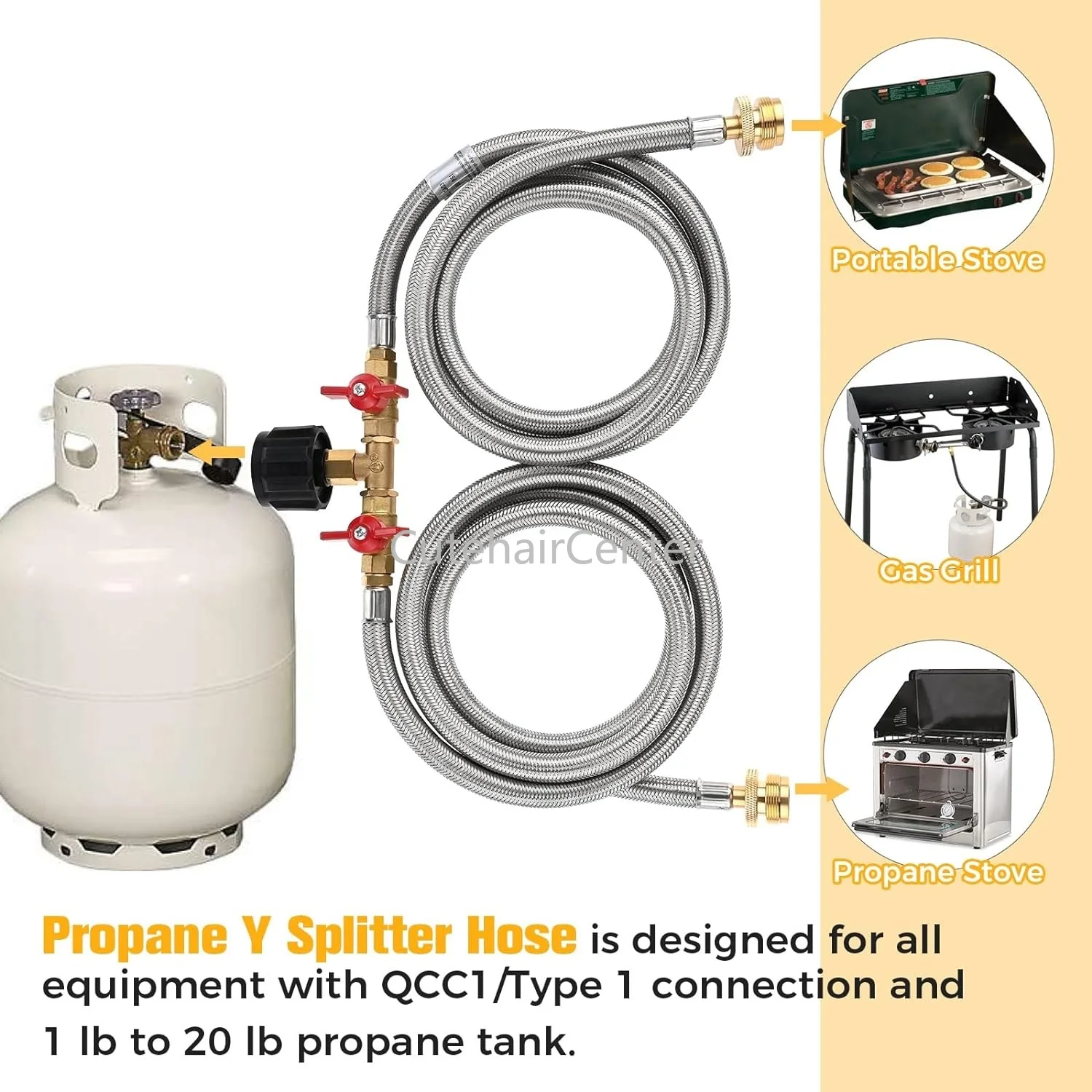 Propane 2 Way Splitter Adapter 5 FT Hose + Valve 350PSI Tank Converter Assembly for QCC1/Type1 Gas Heater Fire Pit Camping Grill