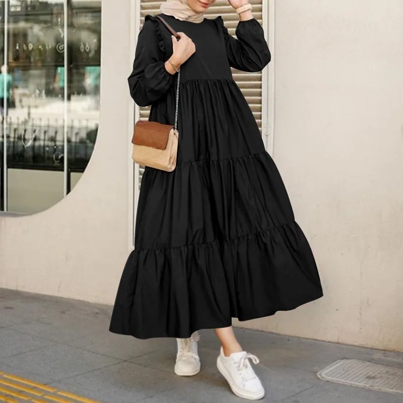 Wepbel Muslim Dress Abaya Ruffles Sleeves Pleated Robe Gown Caftan O-neck Long Women's Large Swing Dress Kaftan Islamic Clothing