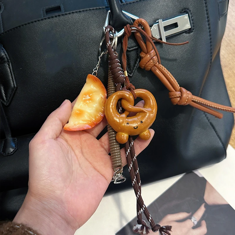 Alkali Water Bread Bagel Keychain Cute Smiling Face Bread Woven Rope Pendant Bag Key Car Accessory Handmade Trendy Keyring Gift