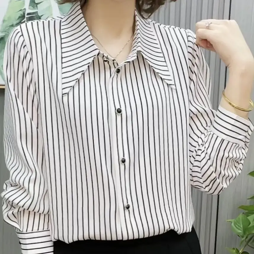 New Fashion Stripe Women's Shirt Long Sleeve Shirt Versatile Slim Spring/Summer Shirt Korean Version Long Sleeve Female Tops