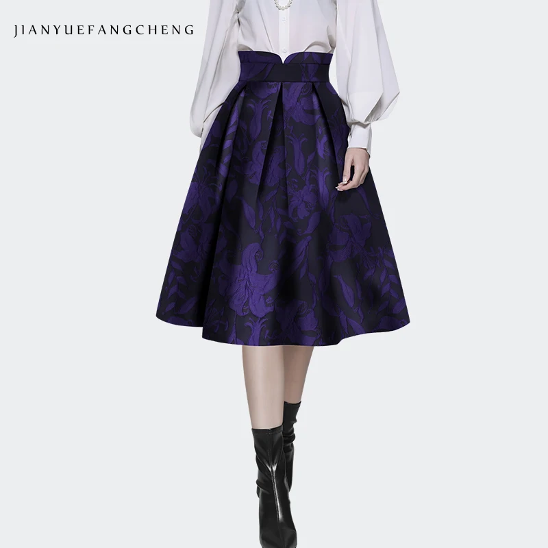 vintage-jacquard-purple-floral-skirt-women'-high-waist-a-line-pleated-big-swing-flowing-tutu-skirts-with-belt-2024-spring-new