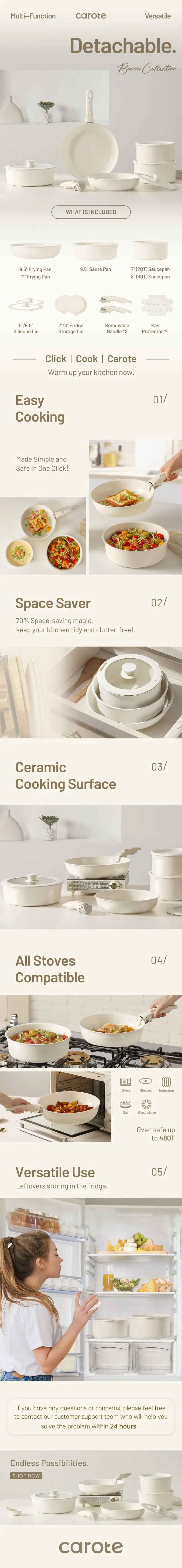 Description Picture 2 of item[Official] CAROTE 15pcs Pots and Pans Set, Ceramic Cookware Set Detachable Handle, Dishwasher Safe