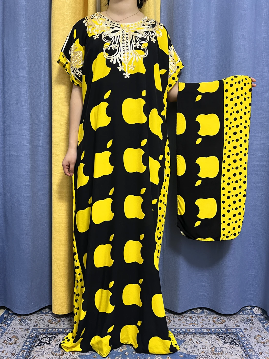 Abayas For Women 2023 Muslim Fashoin Print Apple Appliques Cotton Loose Femme Robe African Kanga Clothing Islam With Turban