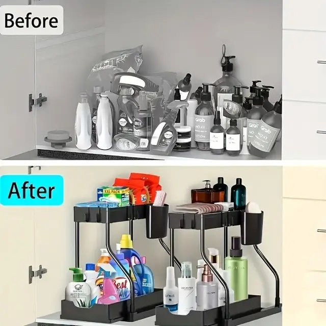 2-Tier L-Shaped Under Sink Organizers (2 Sets), Ideal for Bathroom & Kitchen! With Sliding Drawer & Pull Out Shelves to Maximize 6