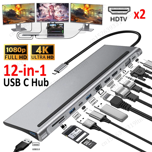 USB C Hub 12-in-1 Type with Dual 4K HDMI Ports -VAVA