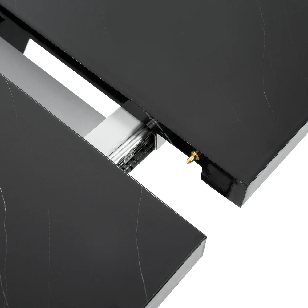 120–160 cm moderner rechteckiger Esstisch, dehnbar, bedruckte schwarze Marmor-Tischplatte + MDF-Tischbein in X-Form mit Metallsockel – Detail 16