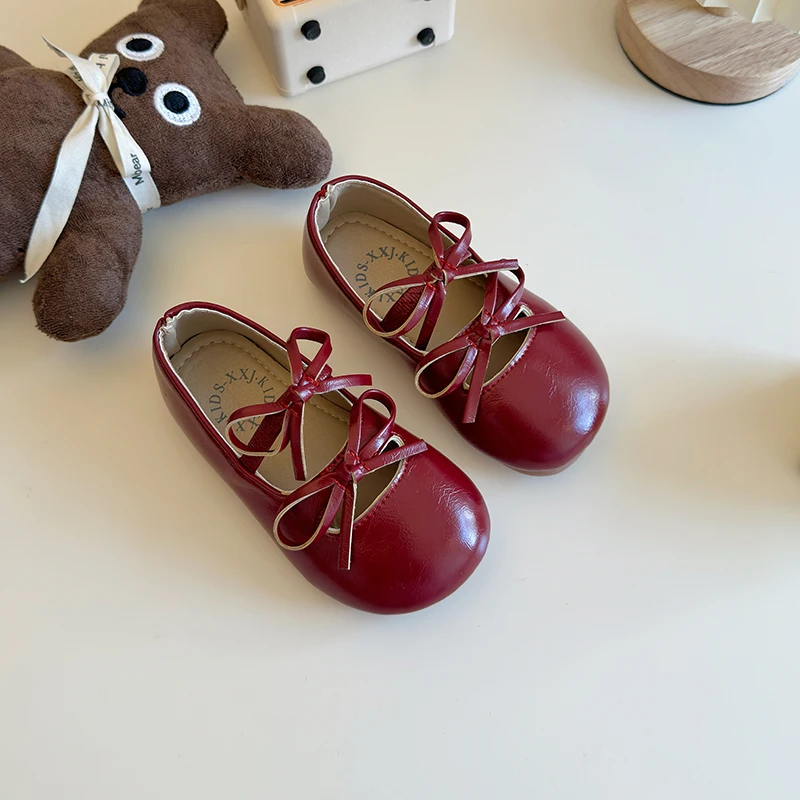 Girls Leather Shoe for Party Wedding Classic Children Flats Princess Shoes with Bow-knot Fashion Kids Black Ballet Shoes leather shoes,girls shoes,girls flats