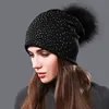 Women's Pompom Beanie Hats Autumn Winter Rhinestones Cotton Slouchy Beanies for Women Ladies Hat With Genuine Raccoon Fur Pompon 1