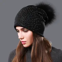 Women's Pompom Beanie Hats Autumn Winter Rhinestones Cotton Slouchy Beanies for Women Ladies Hat With Genuine Raccoon Fur Pompon 1