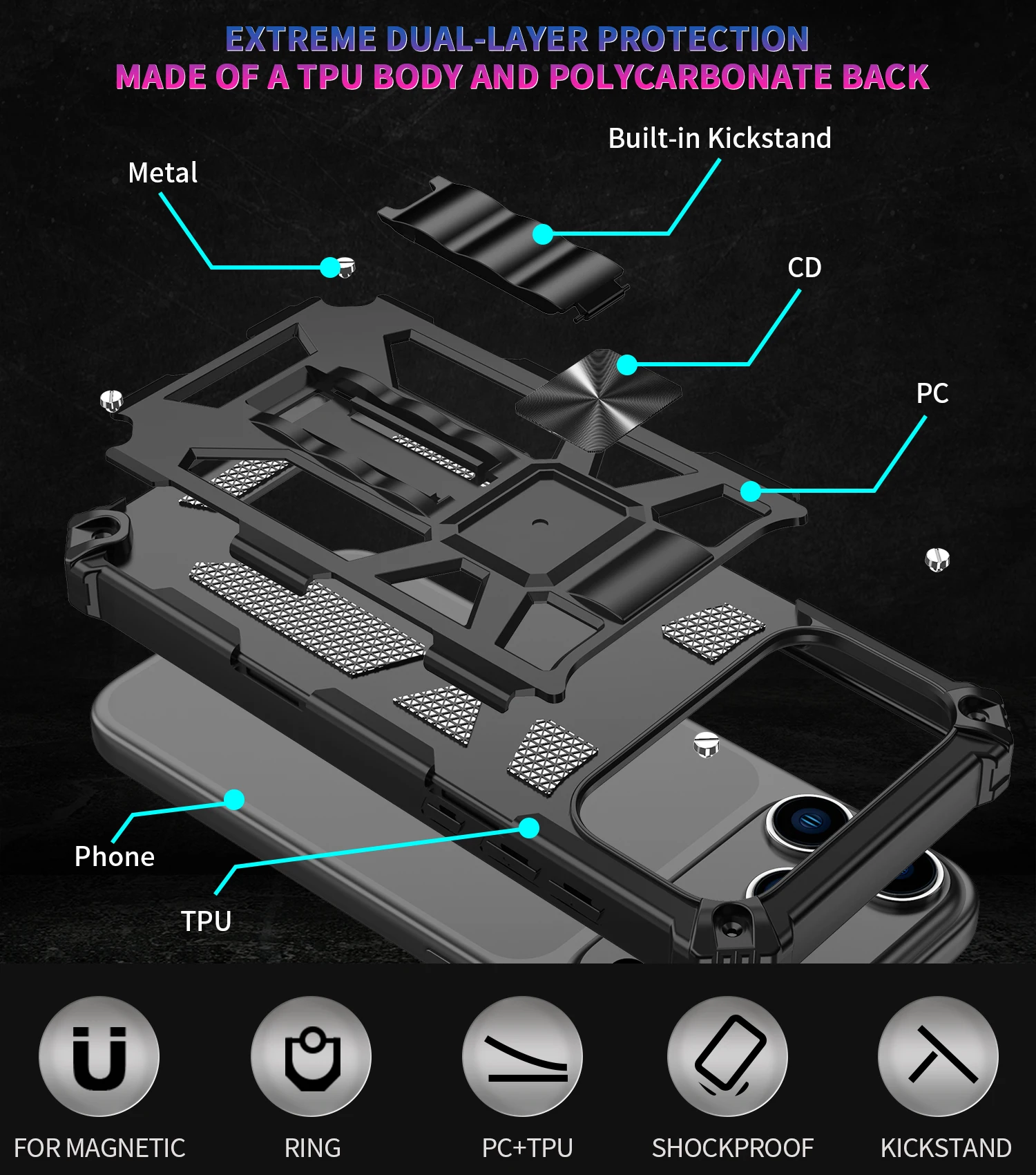 Rugged Shockproof Phone Case with Armor Fold Stand & Car Holder
