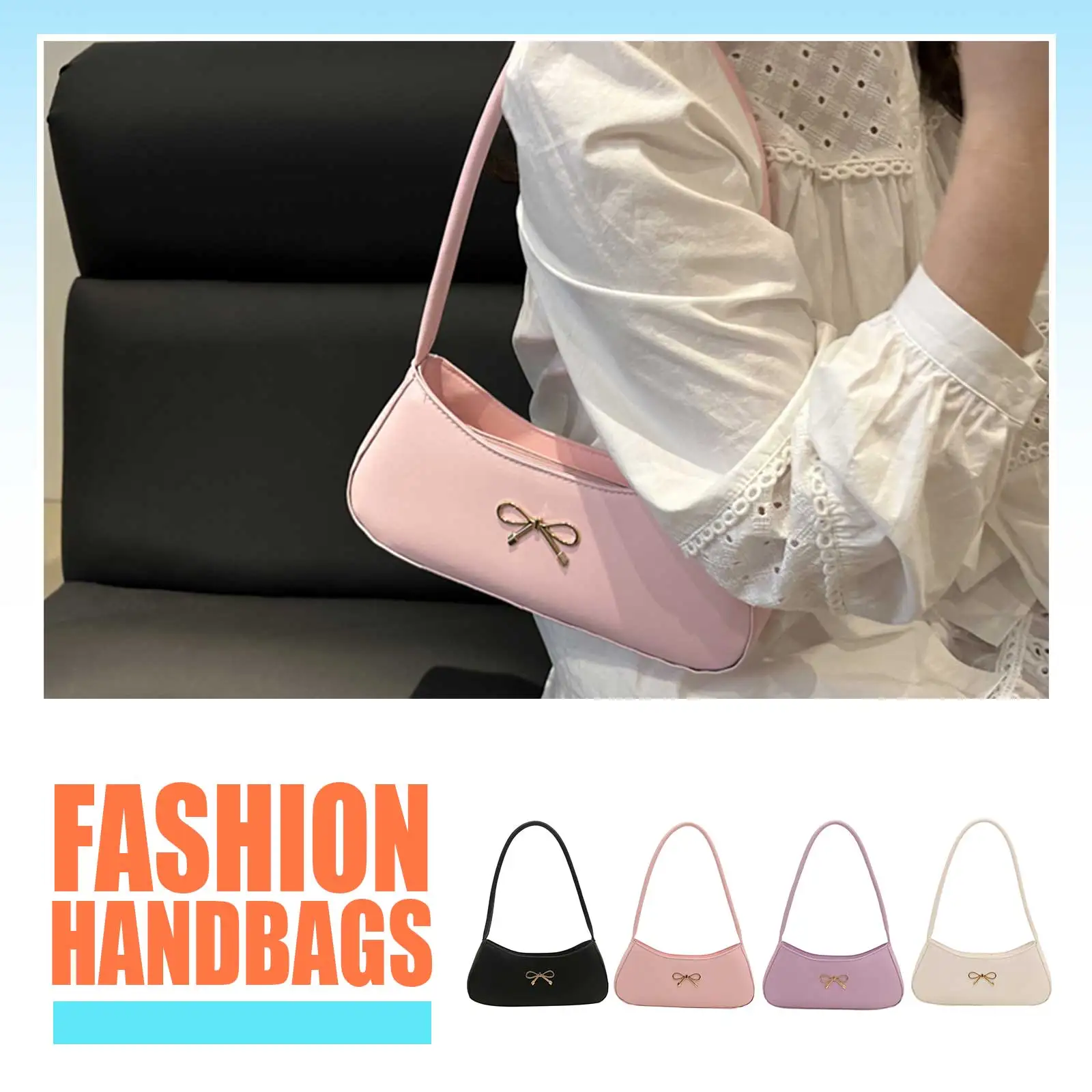 Women PU Bow Underarm Bag Stylish Armpit Bag Large Capacity Top Handle Bag Zip Closure Elegant Shoulder Purse Party Vacation Bag